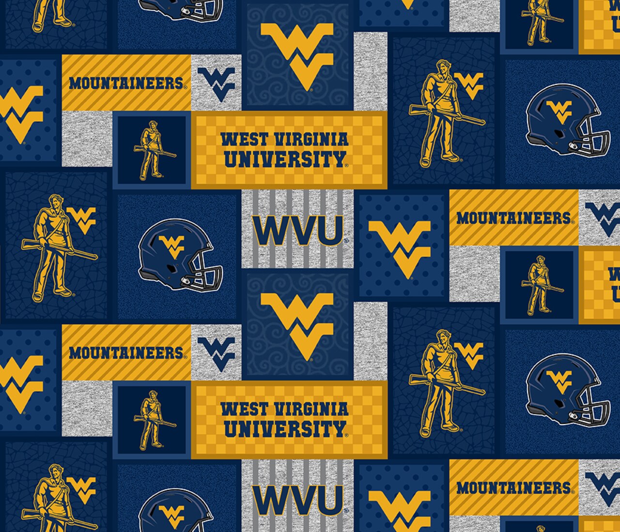 Sykel Enterprises-West Virginia University Fleece Fabric-West Virginia Mountaineers College Patch Fleece Blanket Fabric-Sold by the yard